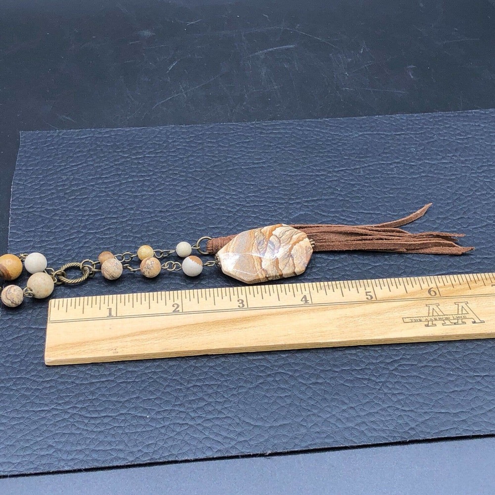 Carol Su 32" Lariat Necklace Jasper Stone Beads Earth Tone Faux Suede 7" Tassel - Picture 11 of 15